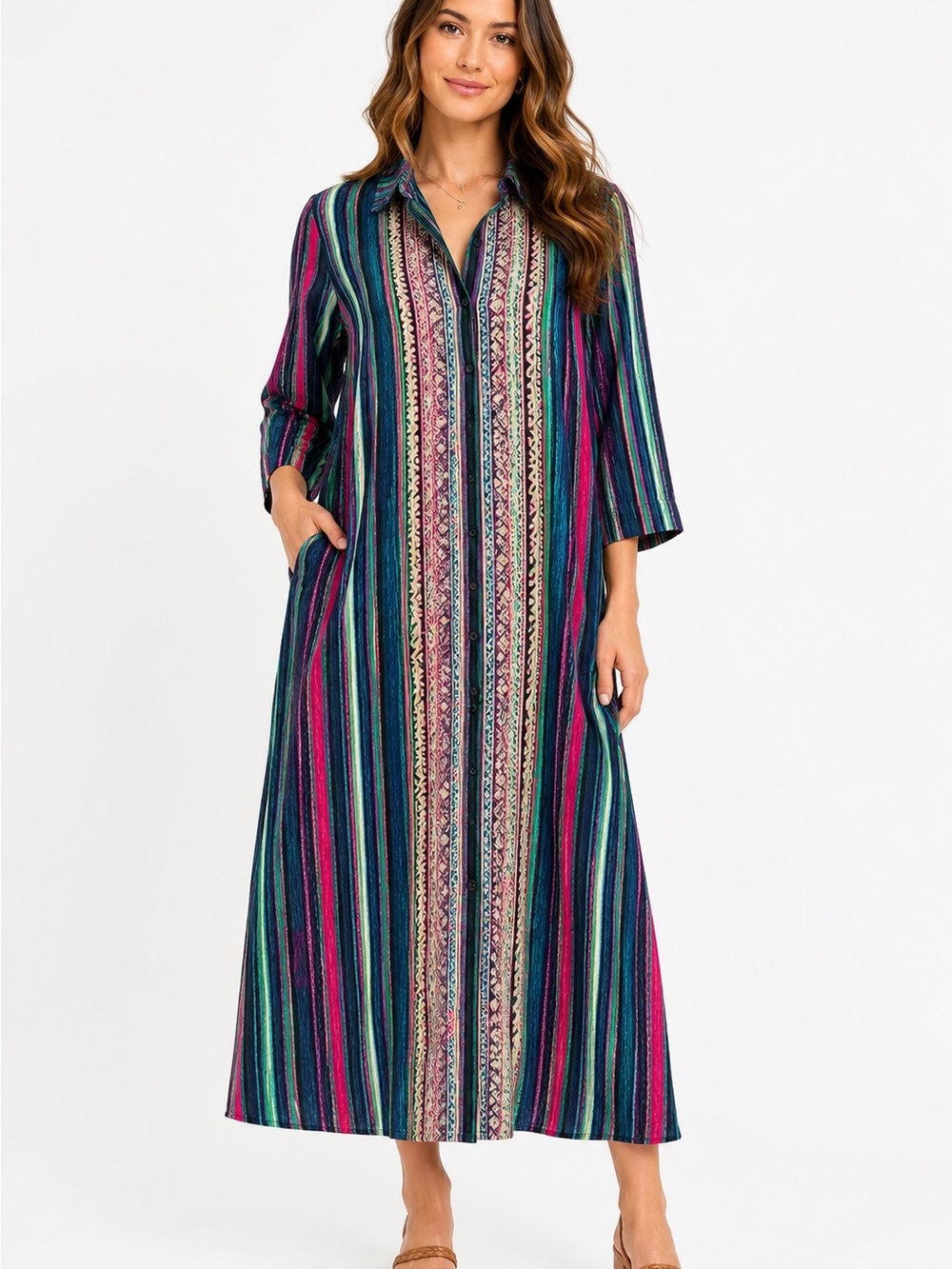 Andrée by Unit Boho Southwestern Embroidered Stripe Midi Dress NWT M